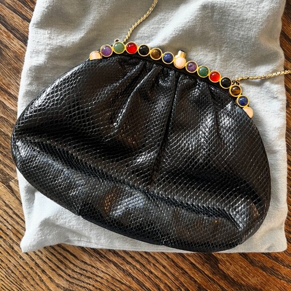 Judith Leiber Black Lizard Clutch Multi-Colored Gemstones - Picture 1 of 6